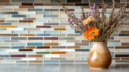 Poster - A charming ceramic vase displays an array of vibrant flowers, nestled against a stylish mosaic tile wall, bringing warmth and character to the kitchen décor