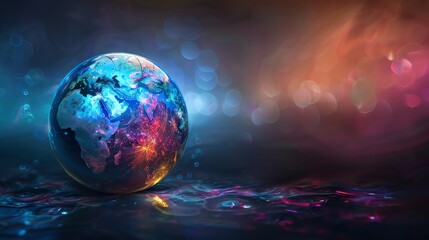 Poster - A 3D model of Earth with a digital, glowing effect, set against a blurred, colorful background.