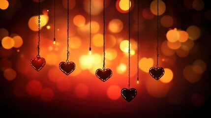 Wall Mural - Hanging hearts and lights create a beautiful romantic illuminated image