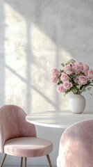 Aufkleber - Sunlight filters through a large window, casting soft shadows across a pale wall. A vase filled with pink roses sits gracefully atop a round table surrounded by elegant, plush chairs