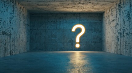 Aufkleber - A glowing question mark casting a long shadow in a futuristic room.