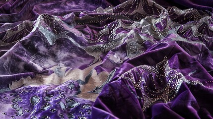 Wall Mural - purple fabric with silver accents and sequins.