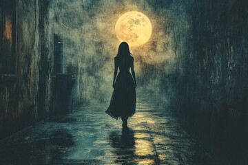 Aufkleber - Mysterious figure walks down a foggy alley under a bright full moon at night