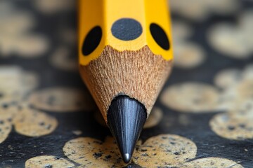 Poster - Yellow pencil rests on a textured black surface with flower patterns captured in sharp detail close-up