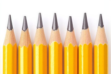 Aufkleber - Set of yellow pencils arranged in a straight line on a white background showing sharp tips