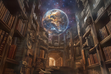a magical 3d background of a grand wizard tower, its walls lined with floating books and arcane symb