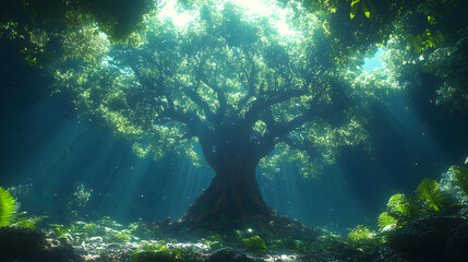 Wall Mural - Majestic ancient tree bathed in sunlight, lush green foliage