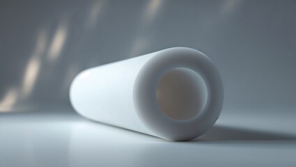 Poster - Sleek white cylindrical object resting on a minimalist surface with soft lighting during a calm studio environment