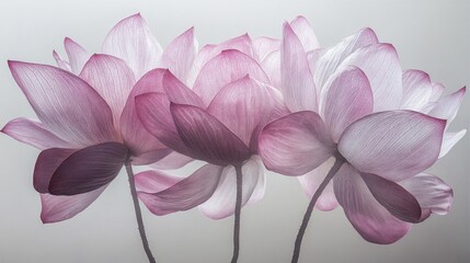 Aufkleber - Three delicate lotus flowers exhibit soft pastel hues, their petals gracefully unfurling against a light background, evoking tranquility and the beauty of nature's design