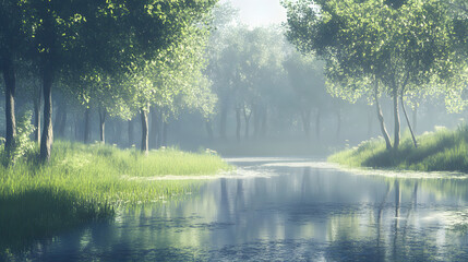 Poster - Tranquil river flowing through lush woods under gentle morning light with perfect reflections on the calm water creating a serene ambiance.
