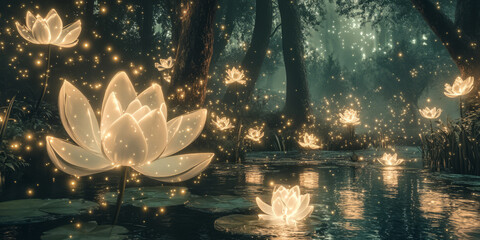 Wall Mural - a mystical 3d background of an enchanted glade with floating, glowing lotus flowers. the air shimmer