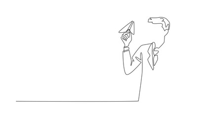 Poster - animation of single continuous line drawing businessman hold paper airplane and preparing to fly it.