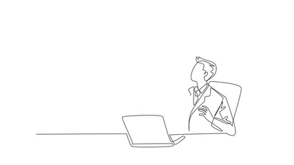 Poster - Self drawing animation of single continuous line drawing businessman sitting in office chair spinning basketball on his finger. Work to play basketball. National Goof Off Day. Full length animated