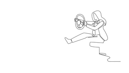 Poster - Self drawing animation of single one line drawing businesswoman sit on chair playing with car steering wheel. Holiday alone. Lazy to activities in office. National Goof Off Day. Full length animated