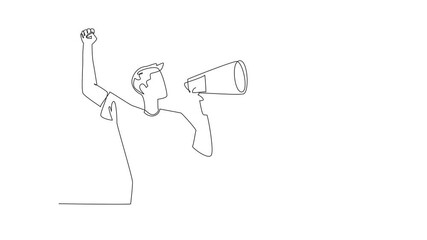 Poster - self drawing animation of continuous one line drawing man in casual clothes giving a speech holding 
