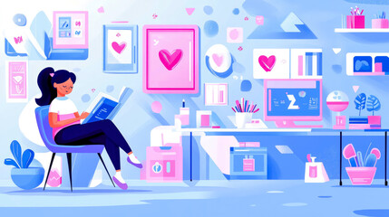 Poster - Leisure Reading at Home: A tranquil moment of study and peace in a stylized workspace