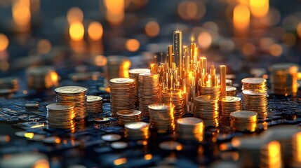 Poster - A surreal depiction of a city growing out of stacks of coins.
