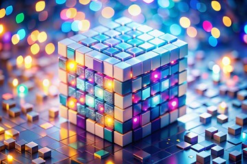 Aufkleber - Abstract White Voxel Cube Mosaic Background with Bokeh Effect - 3D Rendered Geometric Shapes