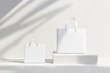 Poster - Elegant white mock-up bags displayed on minimalist platforms with subtle lighting and soft shadows