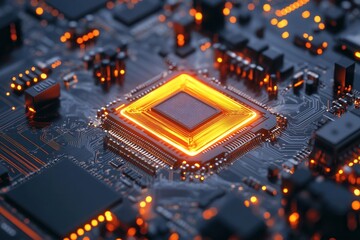Poster - A detailed shot of a computer chip, featuring a bright orange glow highlighting its top
