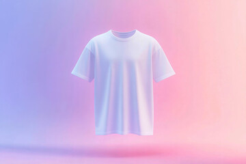 Poster - White T-shirt displayed against a soft pastel gradient background in a stylish and modern setting