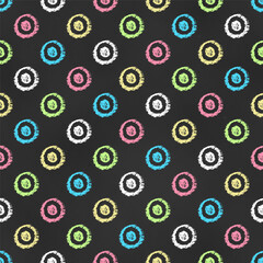 Wall Mural - Seamless Grunge Pattern of Chalk Drawn Sketches Colored Circles on Dark Blackboard. Polka Dot Print.