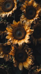 Poster - Sunflowers with rich yellow and brown hues create a striking contrast as they bloom and wither together. The texture and colors evoke a sense of change and the passage of time in nature