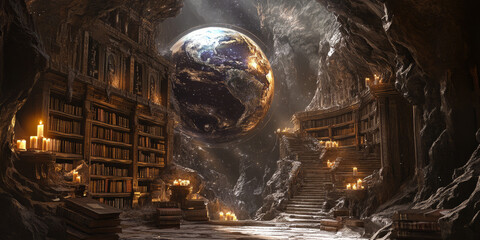 Wall Mural - A magical 3D background of an ancient library hidden deep within a mountain. Floating candles illuminate shelves filled with books that seem to whisper secrets, while a massive celestial globe hovers