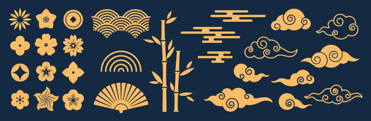 chinese clouds, coin, flowers, bamboo, fan. decorative shapes in oriental style for card, banner, pr
