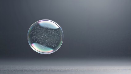 Poster - Delicate soap bubble floating against a smooth gray background with subtle reflections and tiny air bubbles inside
