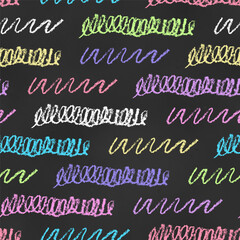 Wall Mural - Seamless Grunge Pattern of Chalk Drawn Sketches Colorful Scribbles on Dark Chalkboard Backdrop. Handwritten Vintage Print.