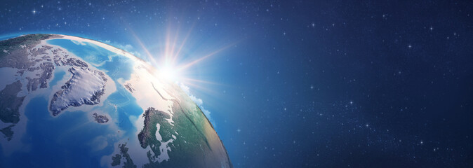 Wall Mural - sunrise on detailed satellite cartography of earth globe, arctic greenland, deep space banner - elem