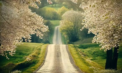 Wall Mural - Serene Country Road Surrounded by Blooming Cherry Blossoms Leading into a Lush Green Landscape Under Soft Natural Light