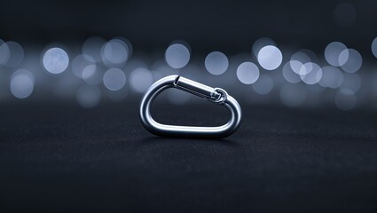 Poster - Metal carabiner clasp on a dark surface surrounded by glimmering lights in a dim setting