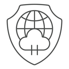Poster - Globe with cloud on emblem thin line icon, data protection concept. Vector graphics. Shield with world globe and cloud sign on white background, outline style icon for mobile or web design.