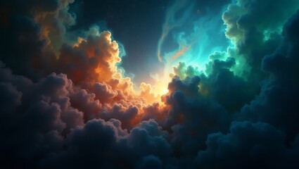 Poster - a stunning view of colorful clouds with different hues like orange, blue and green. the bright sunlight peeking through the clouds create a beautiful atmosphere
