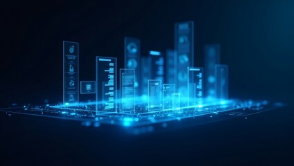 Poster - a futuristic city rendered in blue, with holographic skyscrapers, data streams, and interconnected networks. The image evokes a sense of technological advancement, smart city design.