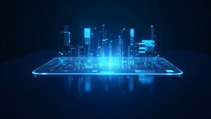 Poster - futuristic smart city emerging from a tablet, glowing with digital data and network connections. Showcasing innovative technology, data, and a smart, connected world