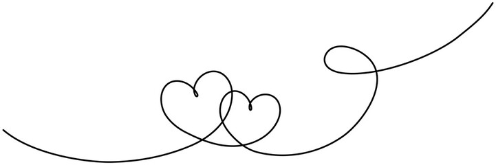 Poster - Two hearts continuous line art drawing. Double heart wavy line. Love relationship concept. Vector hand drawn illustration isolated on white.