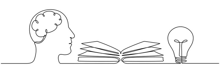 Poster - Head with open book and lightbulb continuous line drawing. Creative idea process concept. Brainstorm symbol. Vector illustration isolated on white.