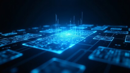 Aufkleber - an abstract digital circuit board with glowing blue lines and squares. It represents the concepts of technology and data