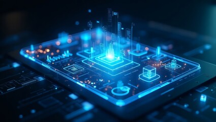 Aufkleber - a futuristic computer circuit board glowing with digital activity