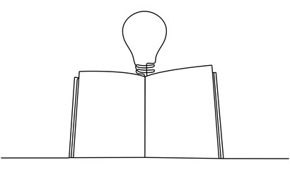 Poster - Lightbulb above open book continuous line art drawing. Line idea symbol. Wisdom concept. Vector illustration isolated on white.	