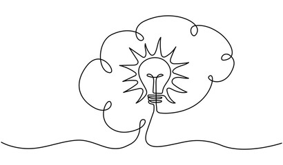 Poster - Light bulb inside human brain continuous line art drawing.  Creative idea and insight symbol. Wisdom concept.Intellectual property sign. Vector illustration isolated on white.