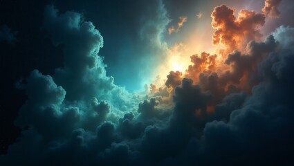 Poster - a dramatic view of a swirling cloudscape with colorful sunlight peering through the clouds