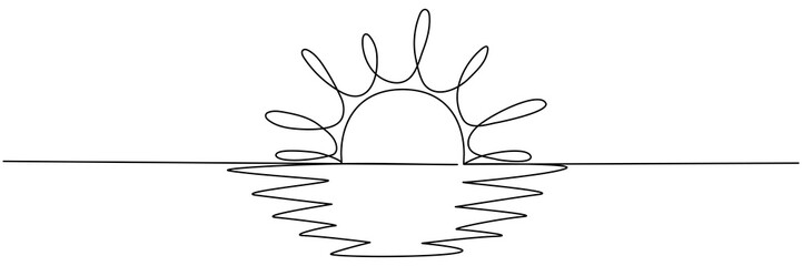 Poster - Sun and ocean landscape continuous line art drawing. Sunset on water contour line sign. Vector illustration isolated on white.