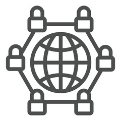 Poster - User network with world globe line icon, data exchange concept. Vector graphics. Blockchain peer technology sign on white background, outline style icon for mobile or web design.