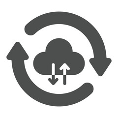 Poster - Circular arrows with cloud solid icon, data sharing concept. Vector graphics. Cloud storage sync sign on white background, glyph style icon for mobile or web design.