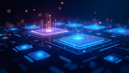 Aufkleber - a futuristic image of a circuit board, with glowing lights and data streams, suggesting advanced technology and digital connectivity