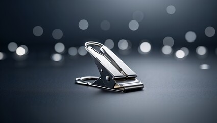 Poster - Metal binder clip stands prominently on a dark surface with soft bokeh lights adding depth